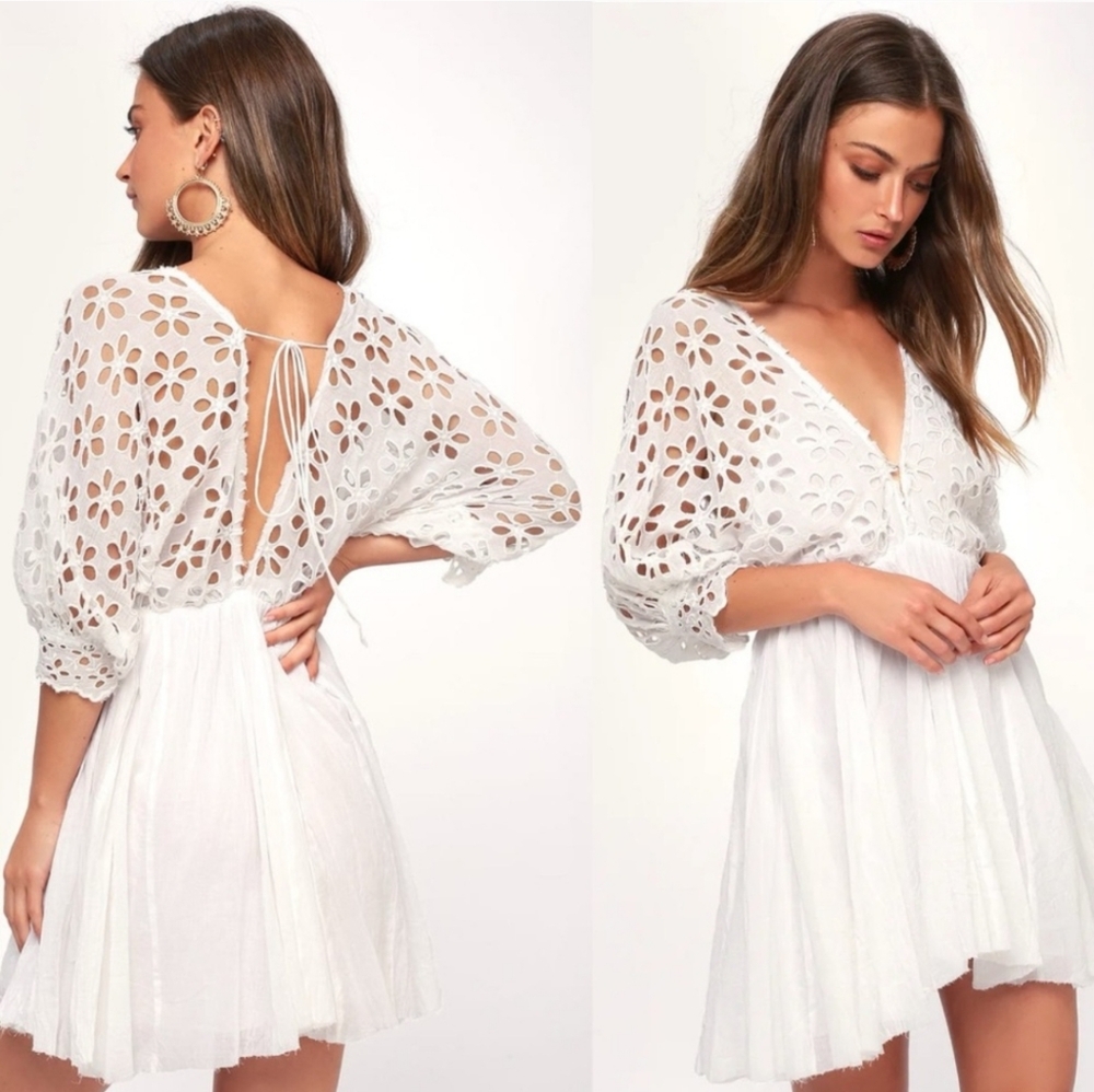 Free People White Eyelet Cutout V‑Neck Mini Dress